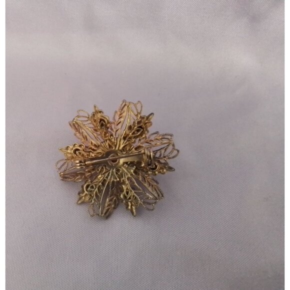 Vintage Gold-Toned Snowflake Brooch Pin With Green Rhinestones & Iridescent Ston - Picture 2 of 3